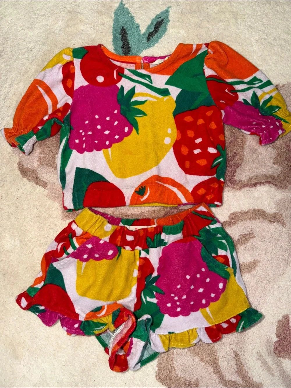 Mini Boden Bright Fruit Printed Tiered Terry Cloth Shorts and Top Set